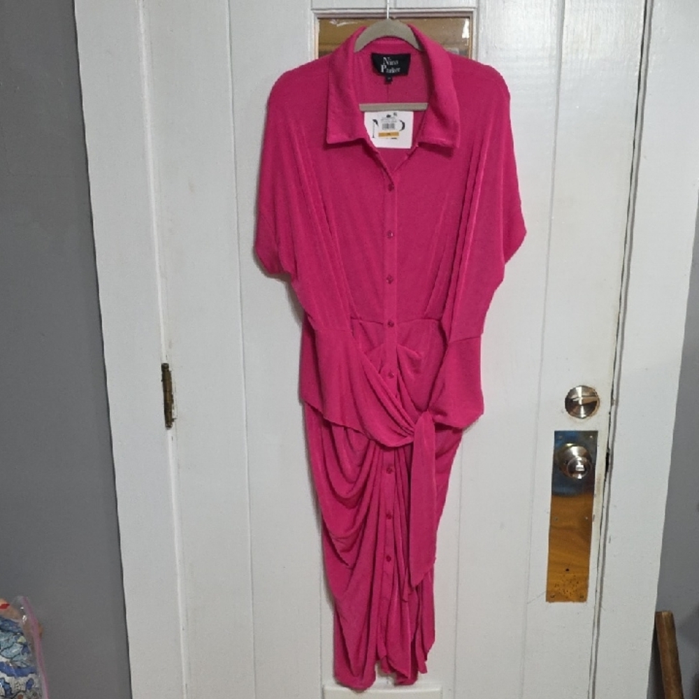 NWT Nina Parker Women's Wrap Look Dress‎ Pink Buttons Ruching Stretch Sz 3X